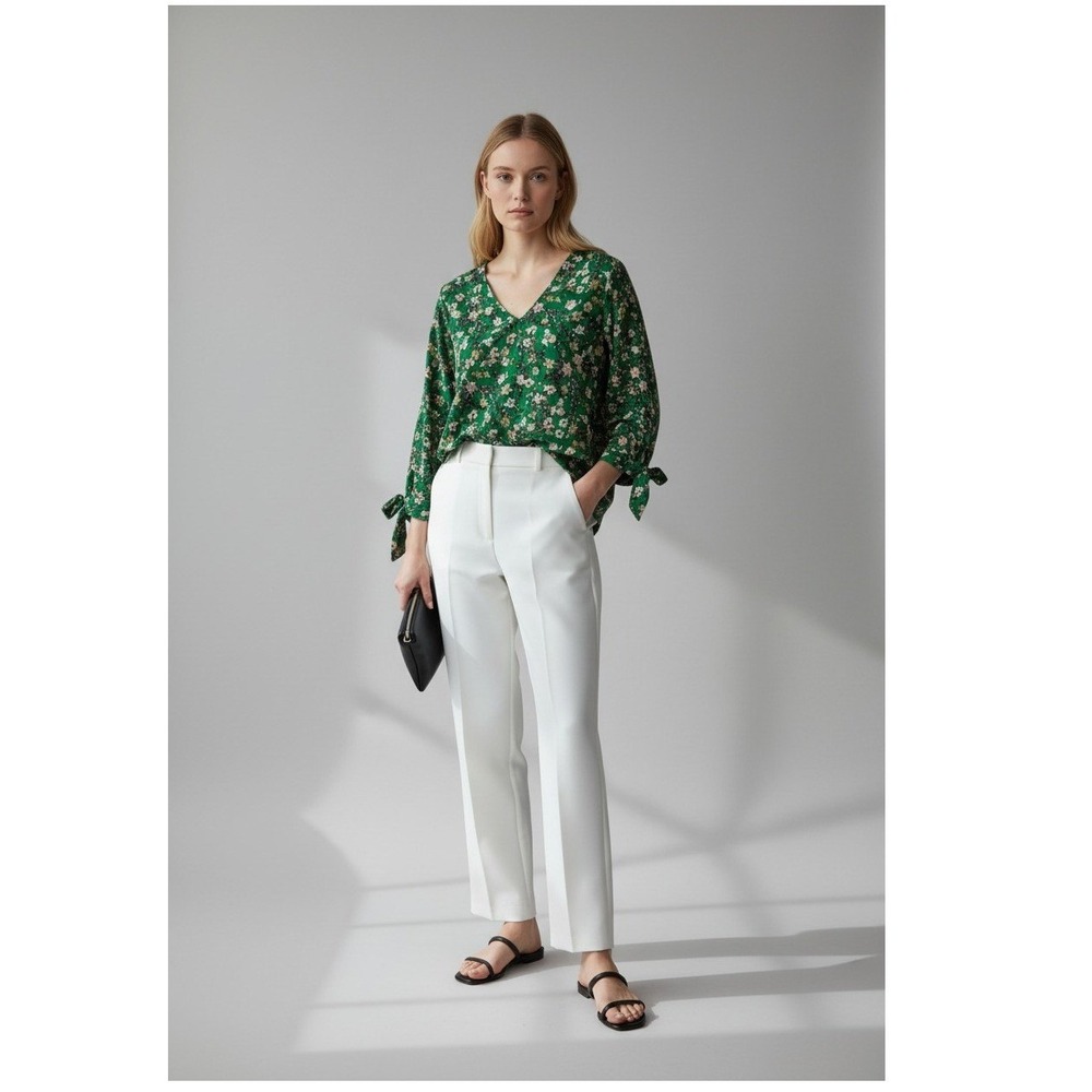 CeCe Green Floral V-Neck Relaxed Fit Blouse 3/4 Tie Cuff Top Women's Size S